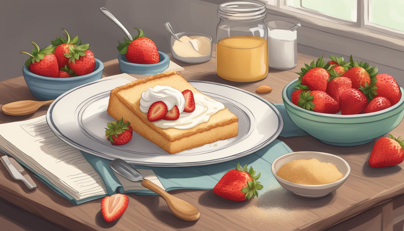 A table with fresh strawberries, almond flour, and sugar substitute, surrounded by baking utensils and a recipe book open to a page titled "Strawberry Shortcake Diabetic Recipe."