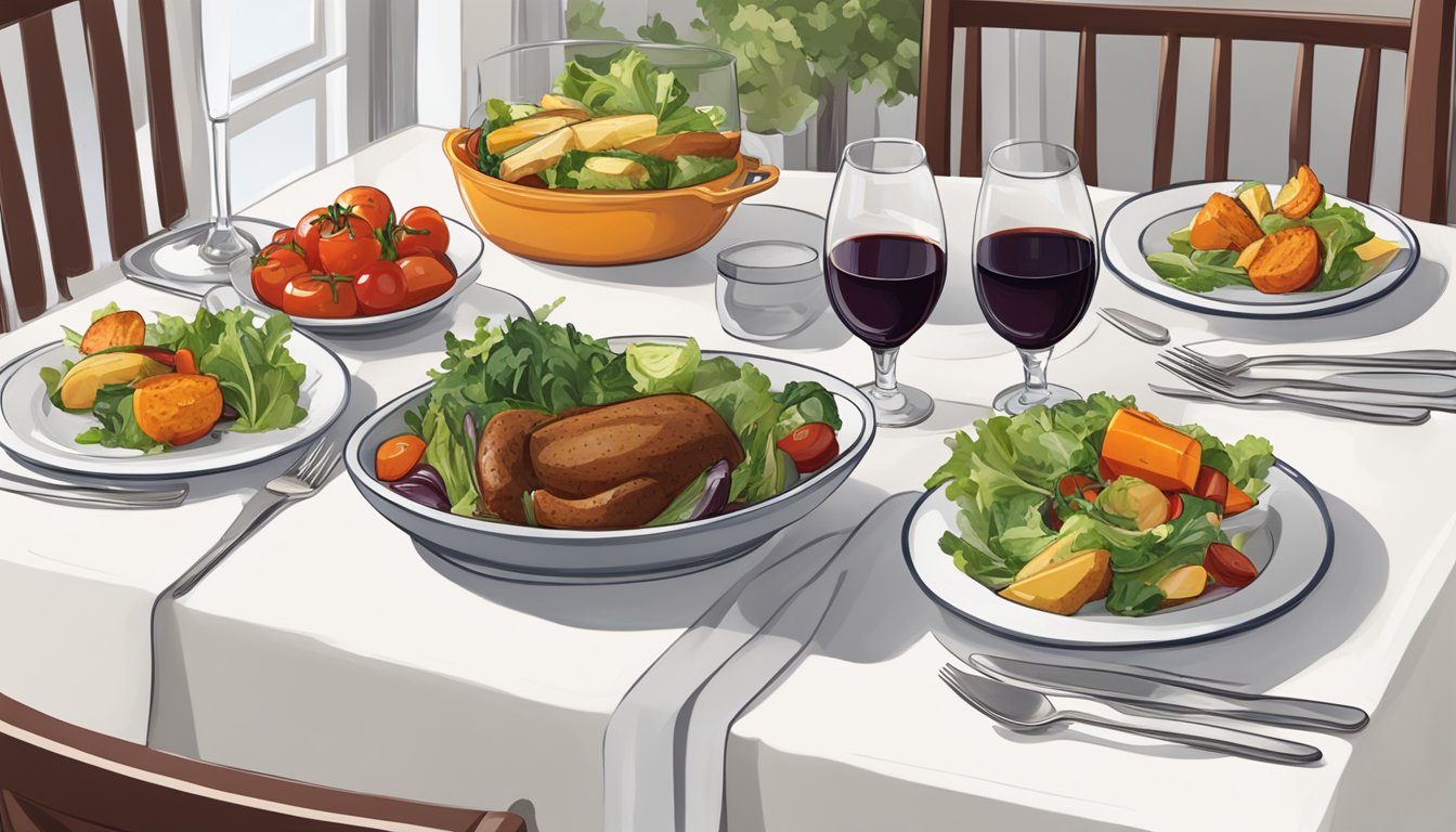 A table set with a gravy boat, roasted vegetables, and a salad, with a glass of red wine next to the plate