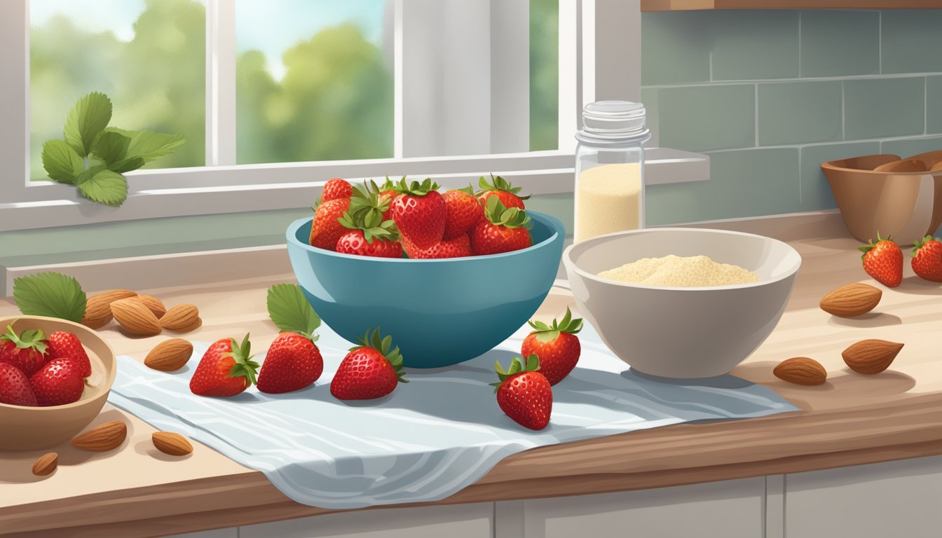 A kitchen counter with fresh strawberries, almond flour, and a mixing bowl