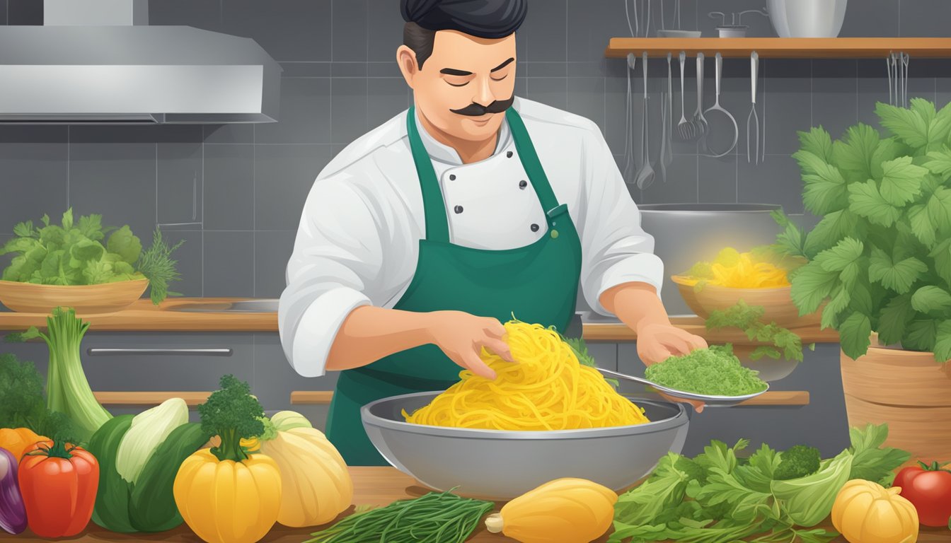 A chef scoops out cooked spaghetti squash, mixing it with vegetables and herbs in a large bowl