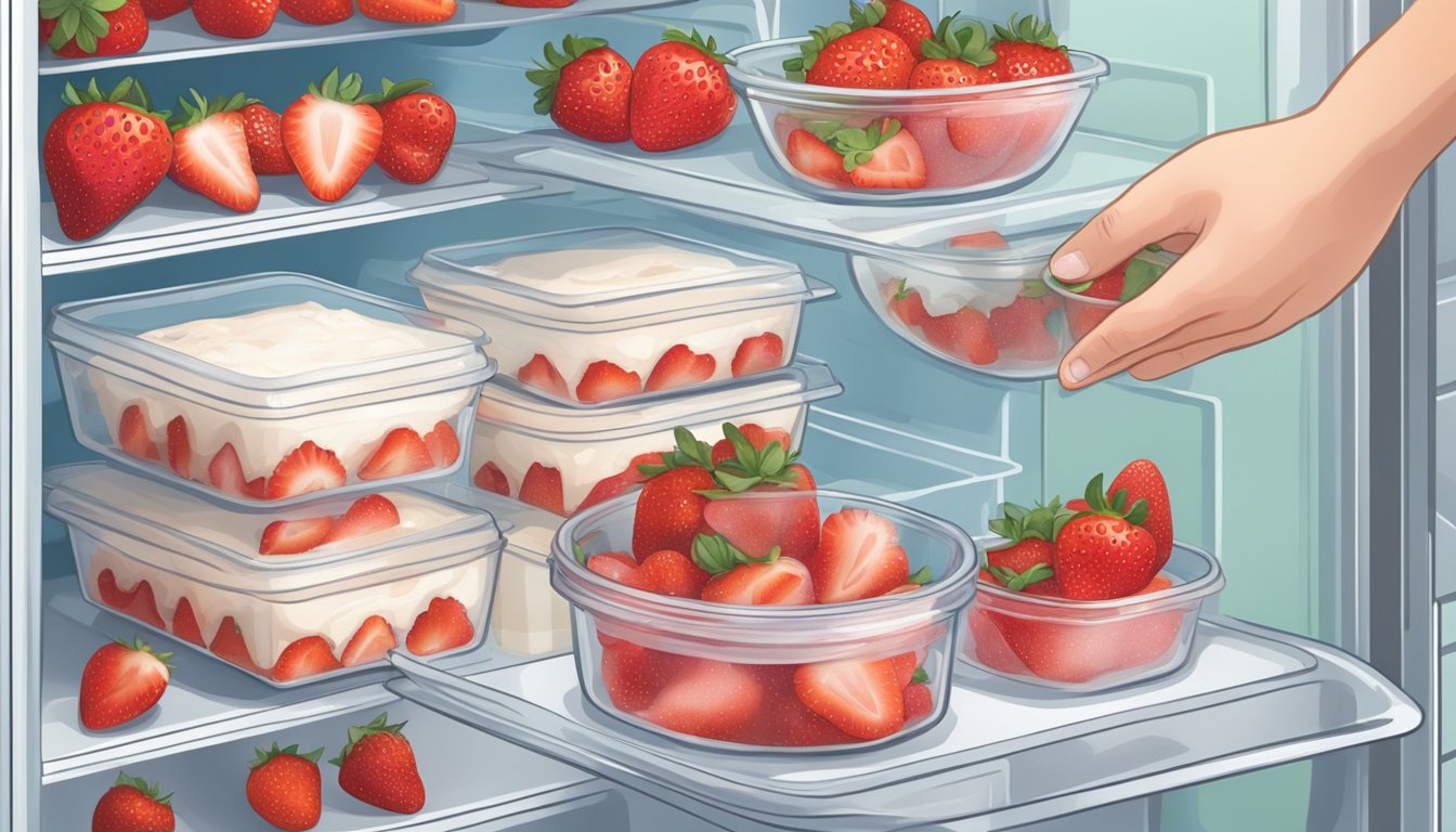 A hand placing a freshly made strawberry shortcake into an airtight container for storage in the refrigerator