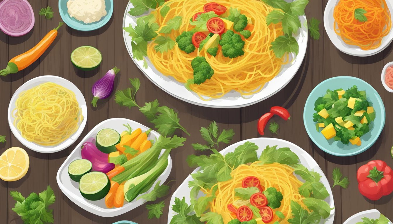 A steaming plate of spaghetti squash with colorful vegetables arranged in an appealing and appetizing manner