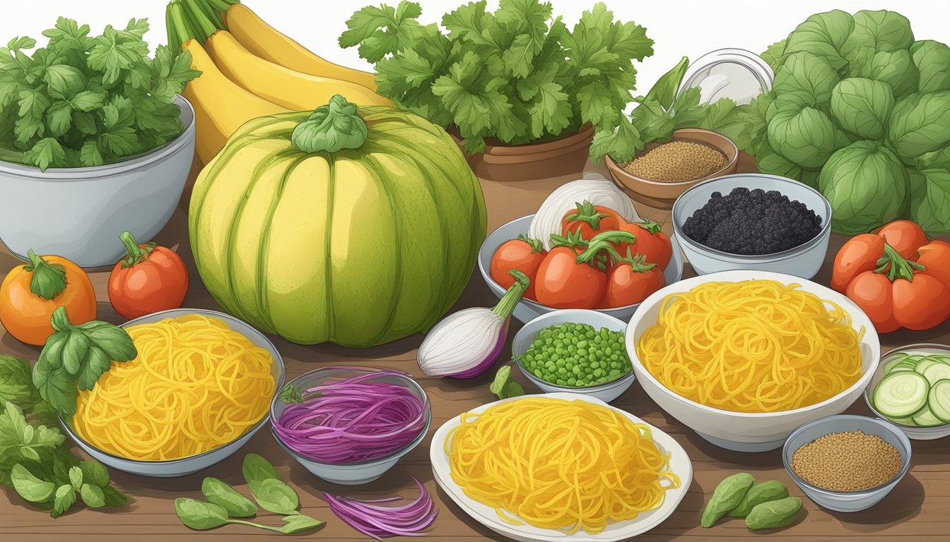 A colorful array of fresh vegetables and herbs arranged around a cooked spaghetti squash, with measuring cups and a recipe book nearby