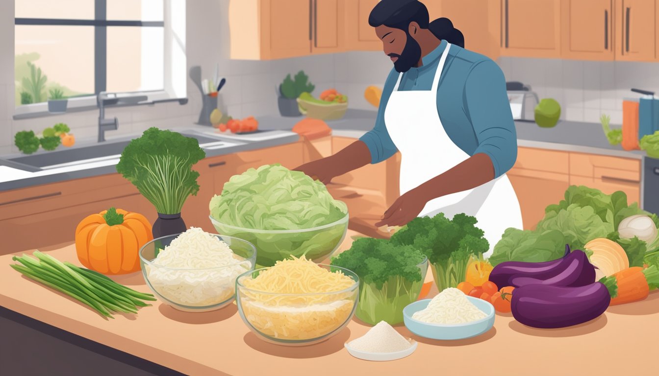 A person preparing a healthy sauerkraut recipe with fresh vegetables and a variety of seasonings, with a focus on low-sugar ingredients for diabetics