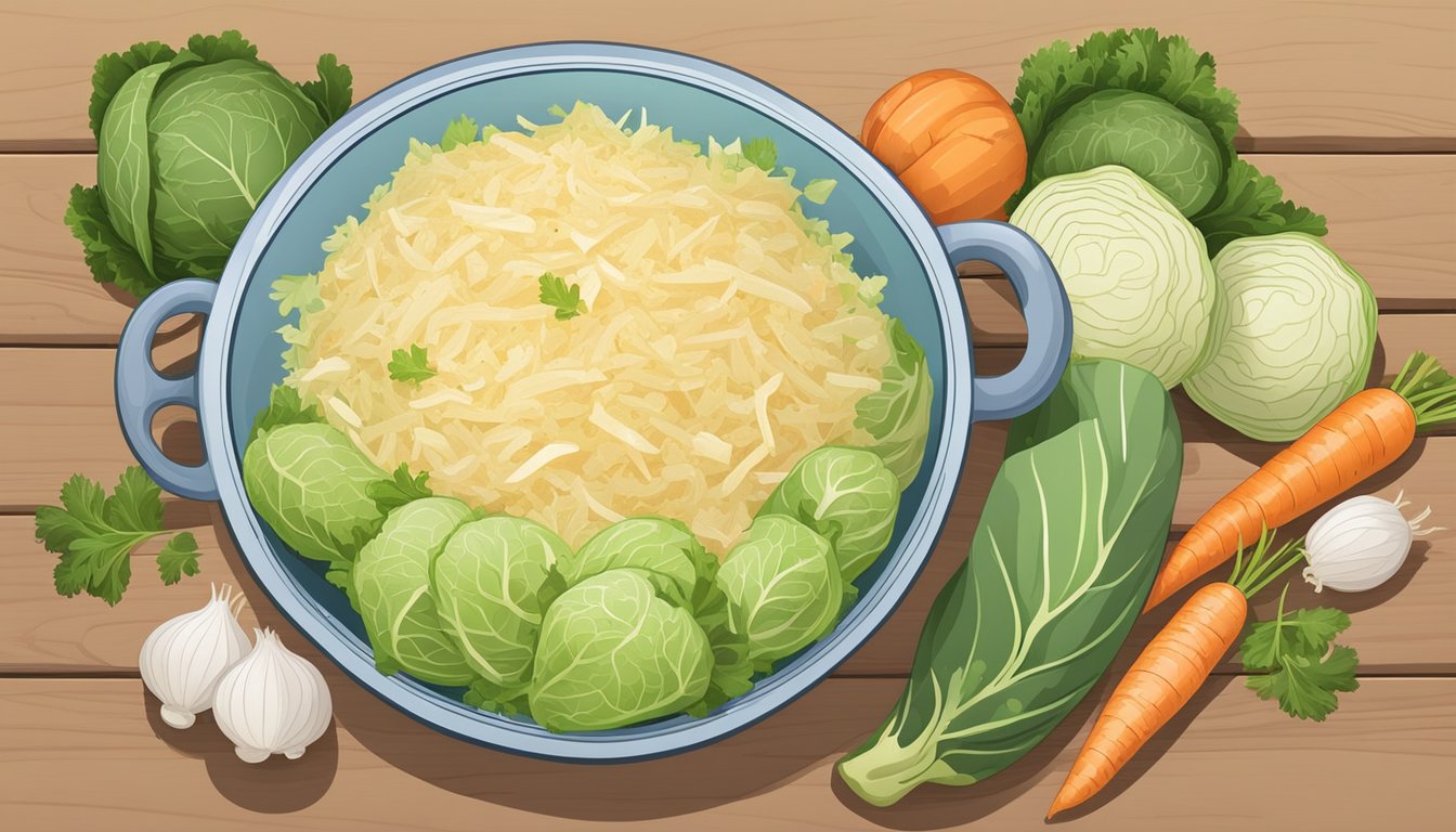 A bowl of sauerkraut surrounded by fresh cabbage, carrots, and spices on a wooden cutting board