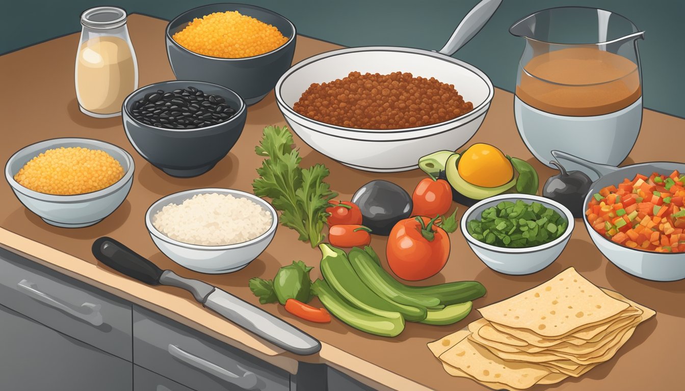 A kitchen counter with ingredients for diabetic enchiladas: lean ground turkey, whole wheat tortillas, low-sodium enchilada sauce, black beans, and diced vegetables