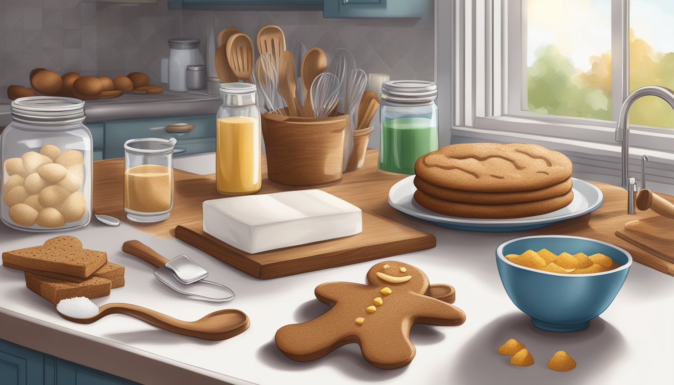 A kitchen counter displays ingredients and utensils for baking diabetic gingerbread. A recipe book is open to a page titled "Understanding Diabetes and Baking."