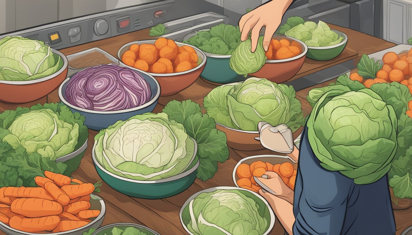 A person selecting fresh cabbage, carrots, and spices for a diabetic sauerkraut recipe