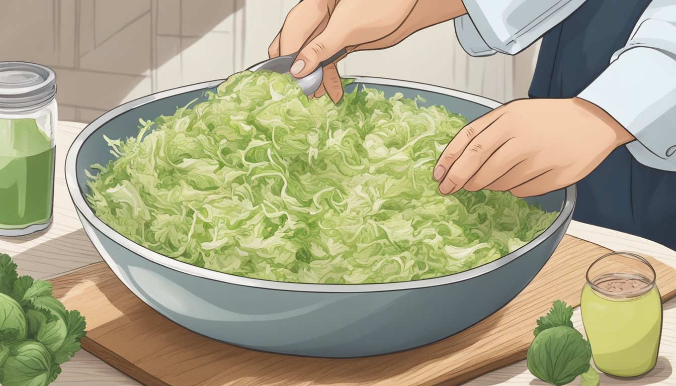 A person mixing shredded cabbage, salt, and caraway seeds in a large bowl