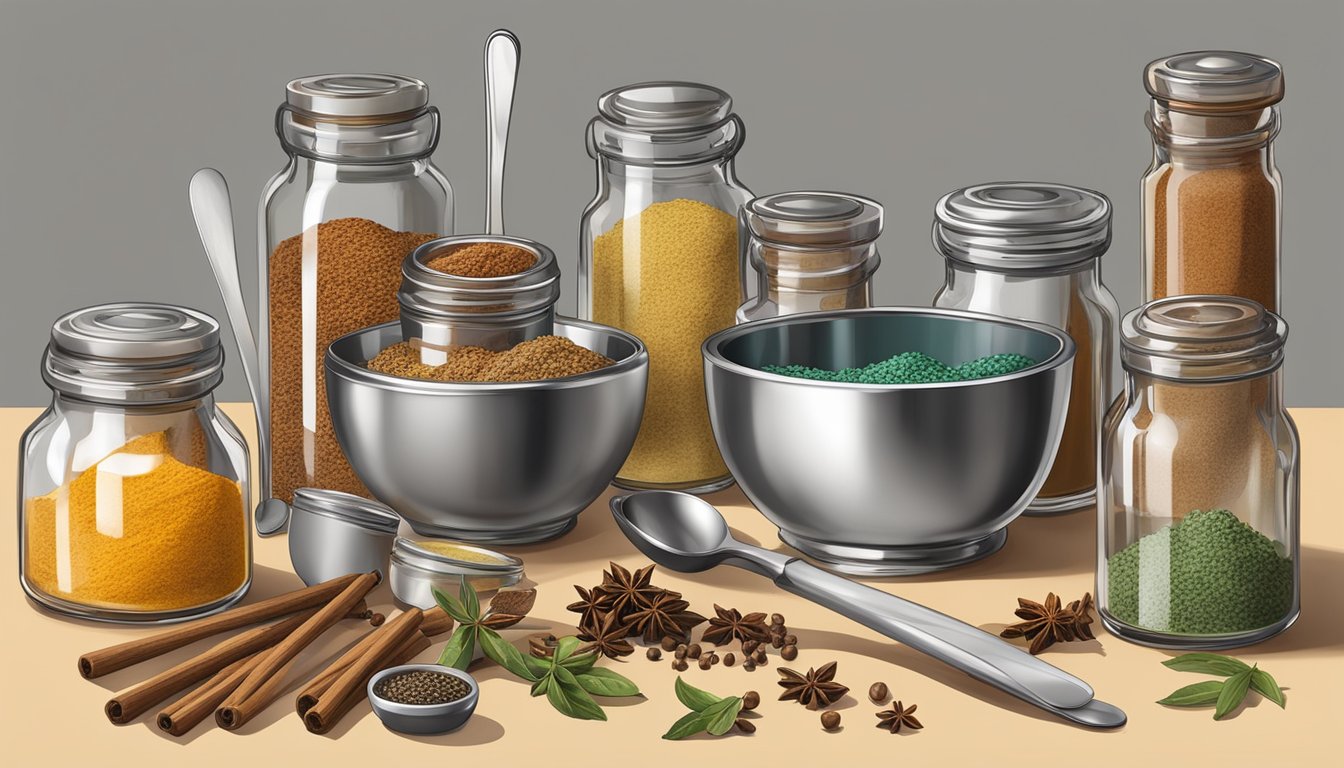 A table with assorted spice jars and flavorings arranged next to a mixing bowl and measuring spoons