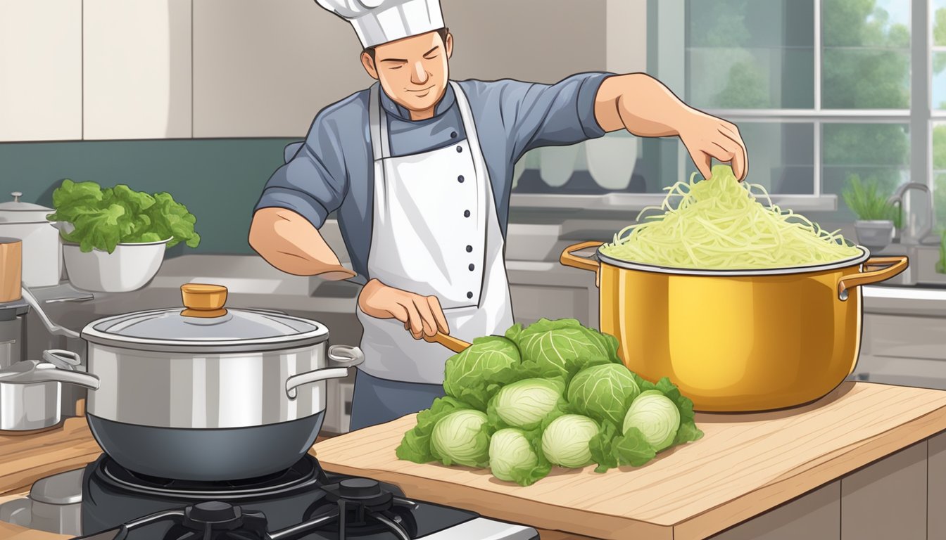 A chef preparing diabetic sauerkraut with fresh cabbage and seasonings in a large pot on a stovetop