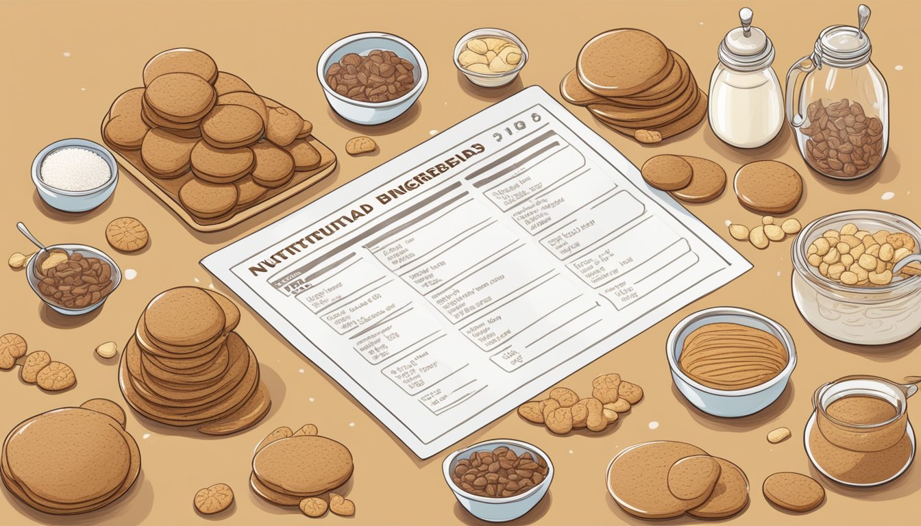 A table with ingredients labeled and measured, surrounded by gingerbread cookies and a nutritional breakdown chart