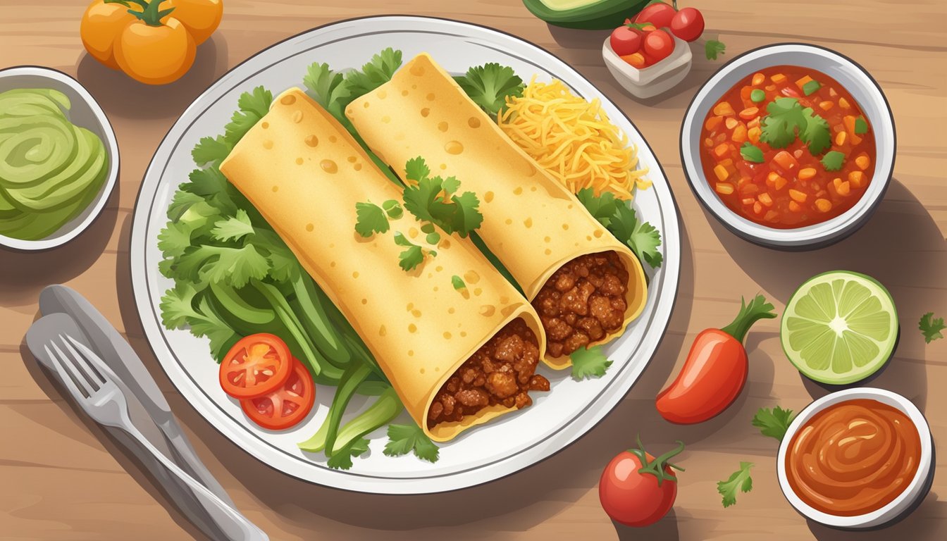 A colorful plate of enchiladas surrounded by fresh vegetables and a side of salsa