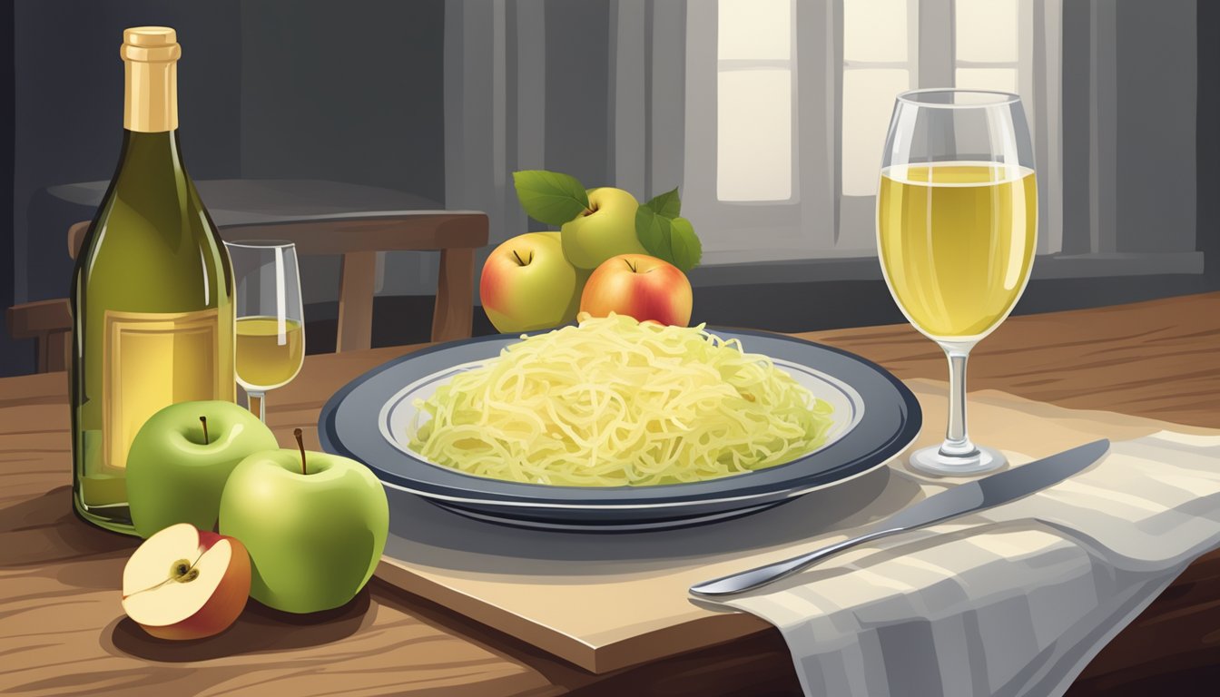 A table set with a jar of homemade sauerkraut, a plate of sliced apples, and a glass of white wine