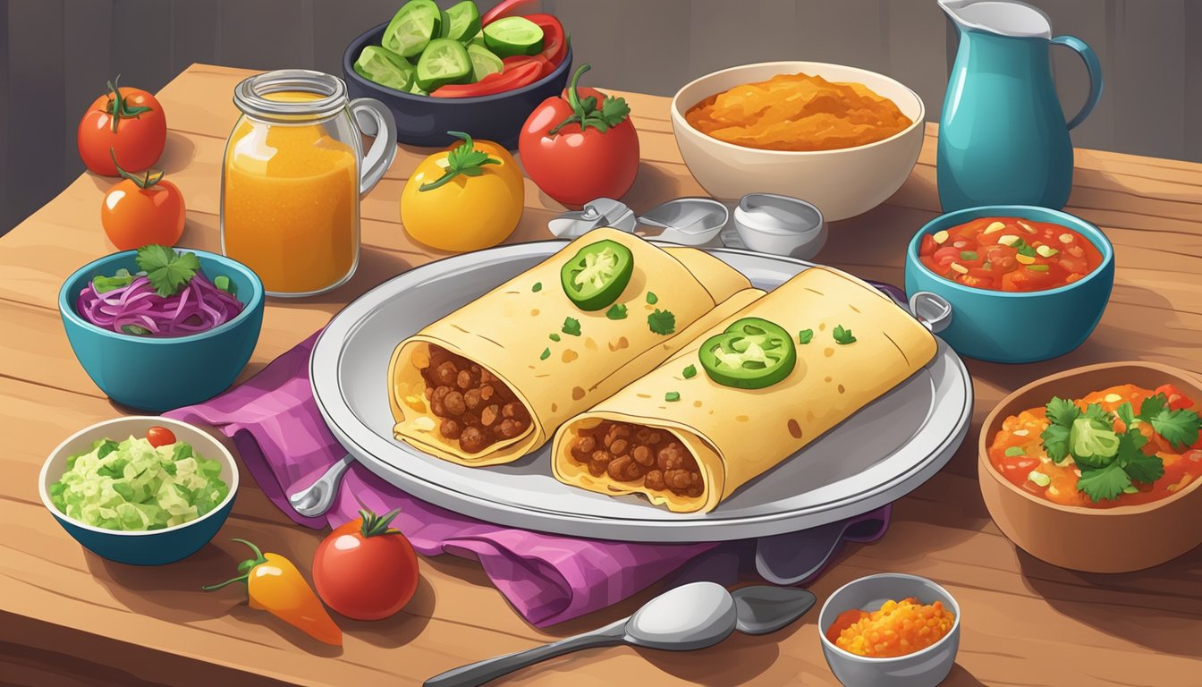 A kitchen counter with a plate of freshly baked diabetic enchiladas, surrounded by colorful ingredients and cooking utensils