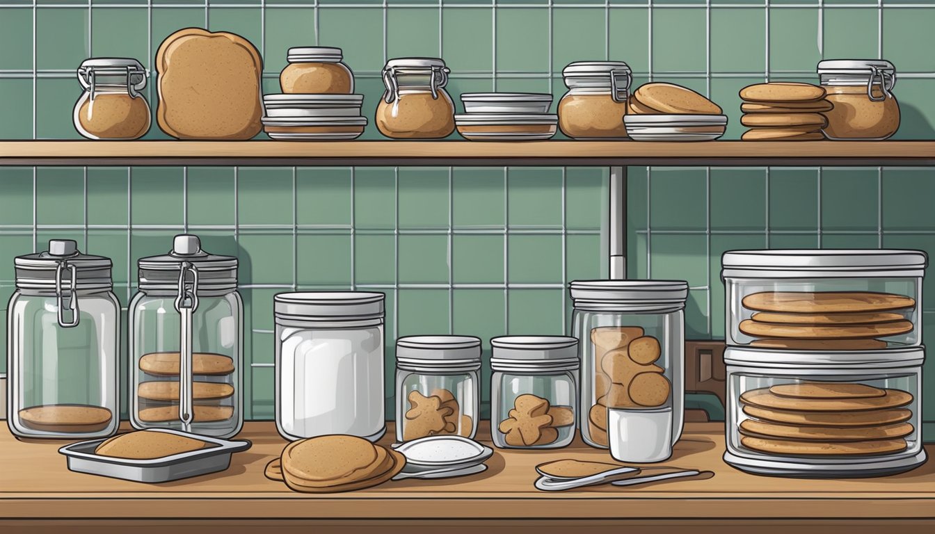 A kitchen counter with gingerbread cookies on a cooling rack and airtight containers for storage