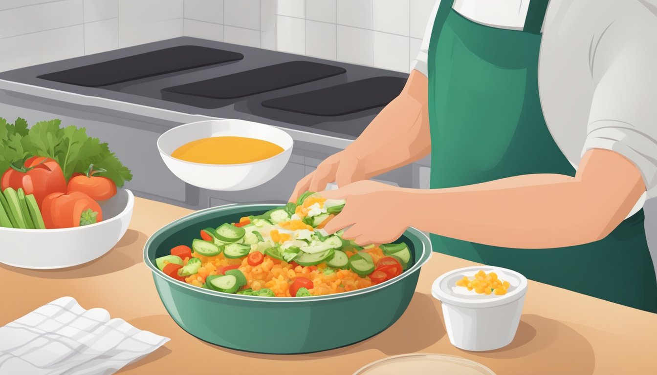 A person prepares diabetic enchiladas with fresh vegetables and lean protein, carefully measuring ingredients for a balanced meal