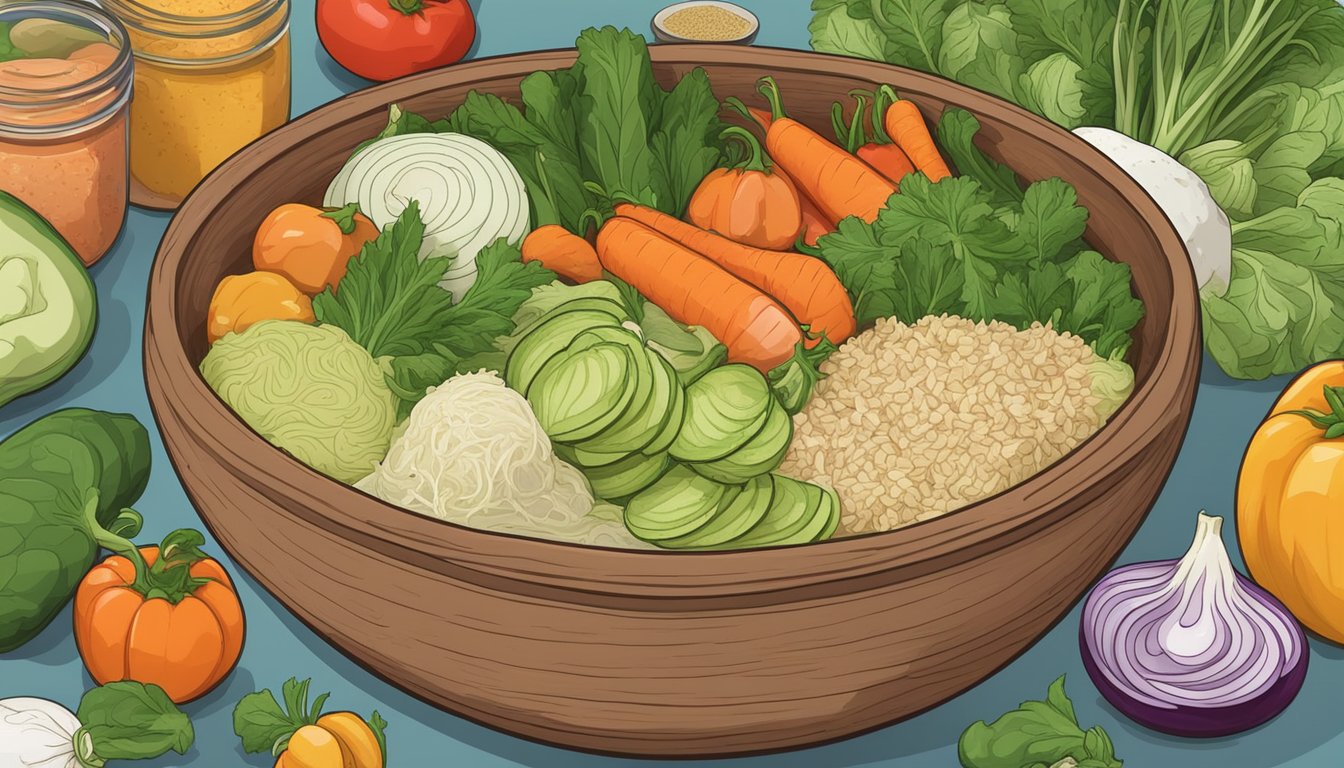 A colorful array of fresh vegetables and spices being mixed into a large bowl of sauerkraut, with a diabetic-friendly twist