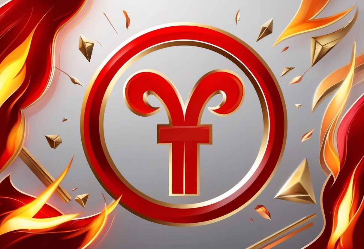 Aries symbol surrounded by elements of fire, red and gold colors, and energetic, dynamic shapes