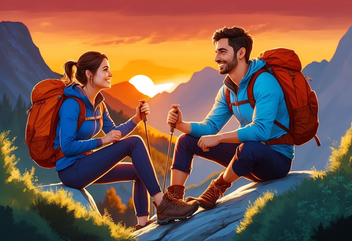 Aries and their partner enjoying an adventurous outdoor activity together, such as hiking or rock climbing, with a fiery sunset in the background