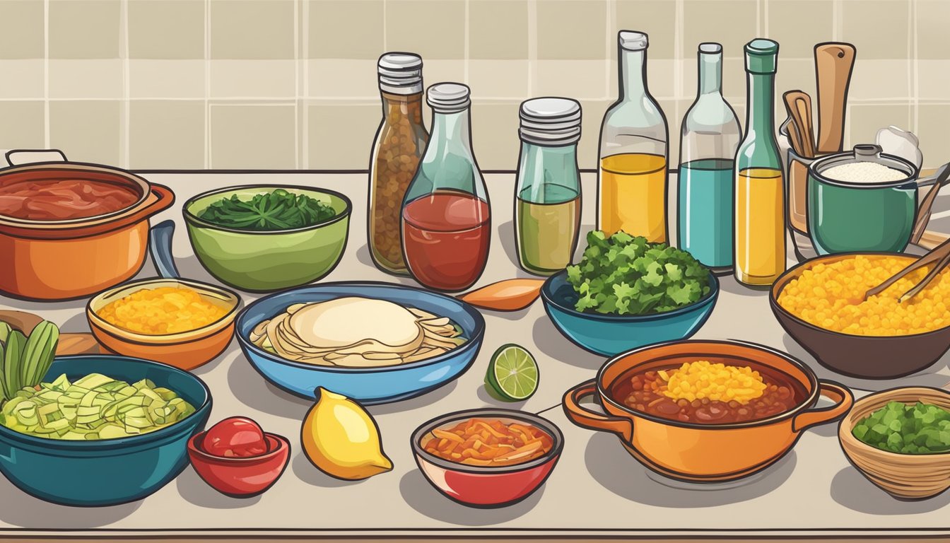 A table set with colorful ingredients and cooking utensils for making diabetic enchiladas