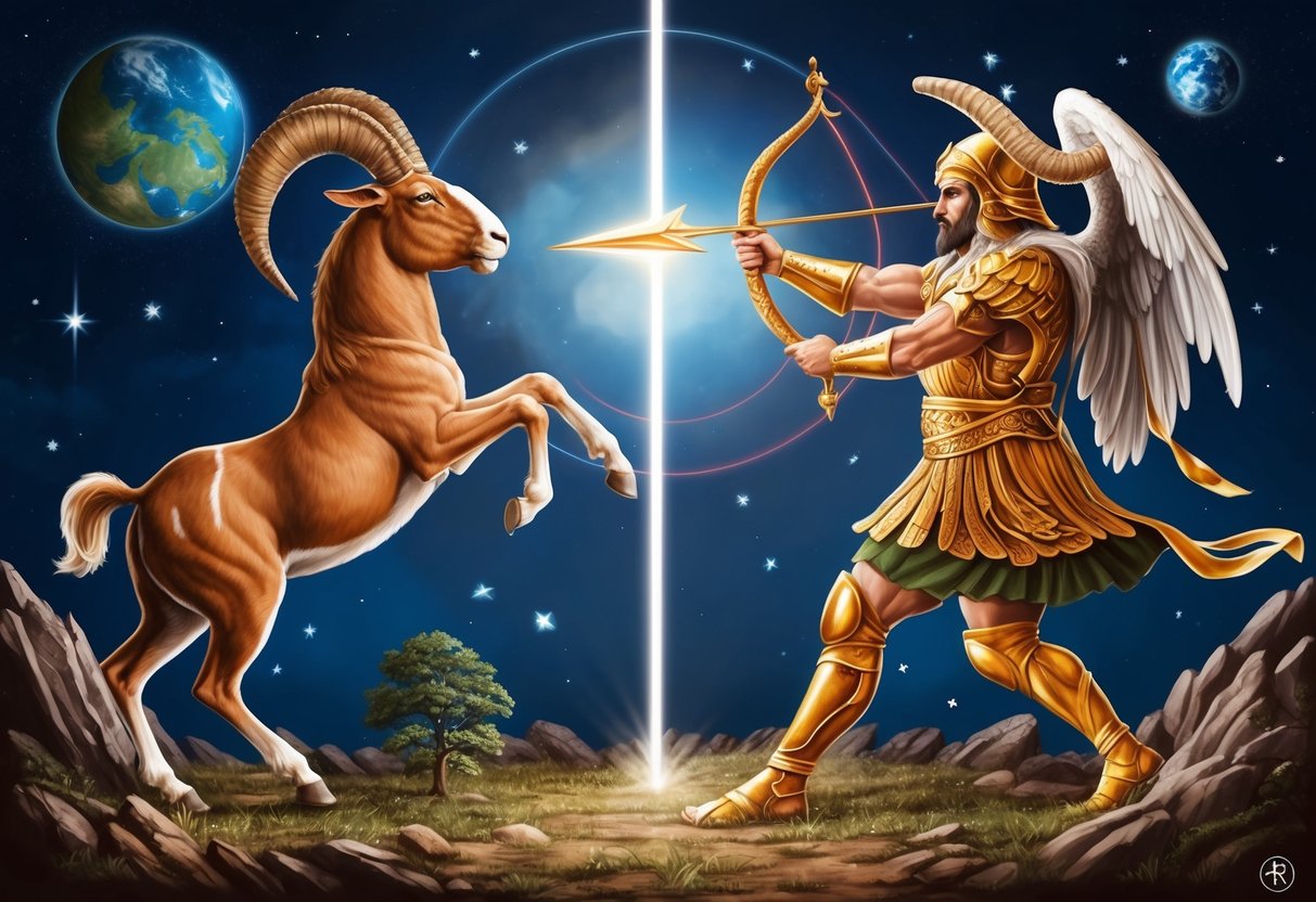 An Aries symbolically clashes with earth signs in a celestial battleground