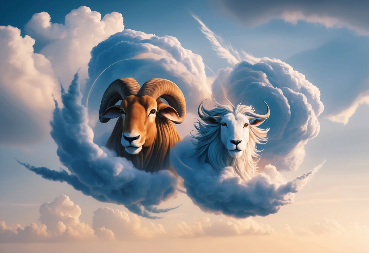 Aries and air signs surrounded by swirling clouds and gusts of wind, symbolizing their dynamic and fast-paced compatibility