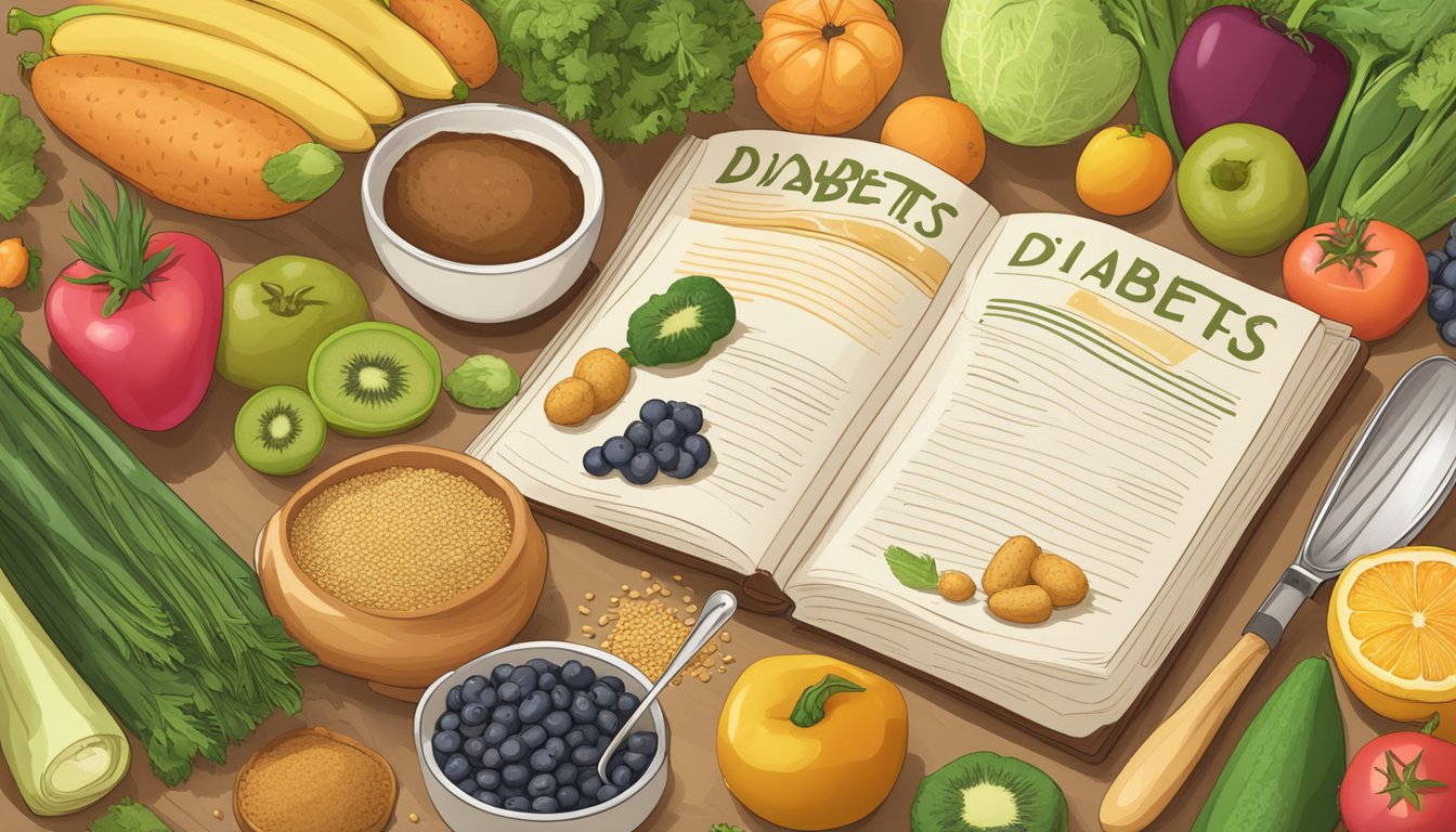 A table filled with fresh fruits, vegetables, and whole grains, with a measuring cup and spoon, and a golden recipe book open to a page titled "Understanding Diabetes Diabetic Golden Recipe."