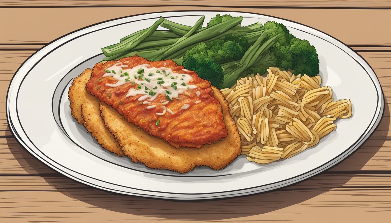 A plate of chicken parmesan with a side of steamed vegetables and a small portion of whole grain pasta, all arranged neatly on a white plate