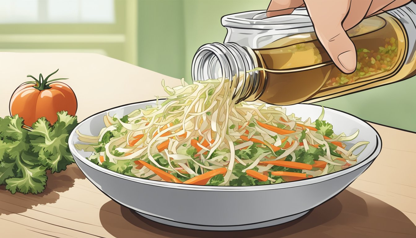 A bottle of vinegar pouring over a bowl of shredded vegetables for a diabetic coleslaw recipe