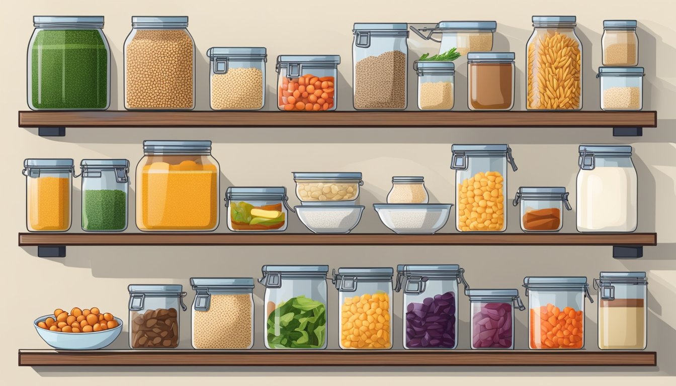 A well-organized kitchen with labeled containers of whole grains, fresh vegetables, lean proteins, and sugar-free condiments