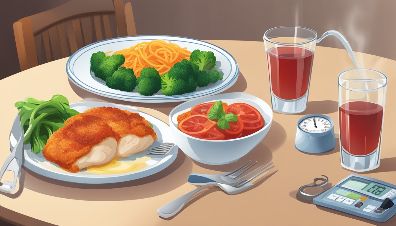 A plate of chicken parmesan with a side of steamed vegetables, a glass of water, and a blood glucose monitor on the table