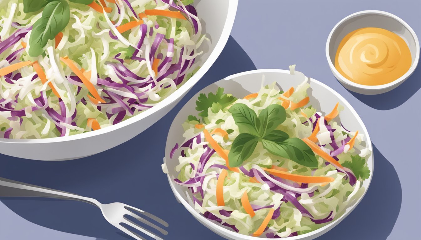 A bowl of coleslaw with diabetic-friendly dressing being drizzled over it