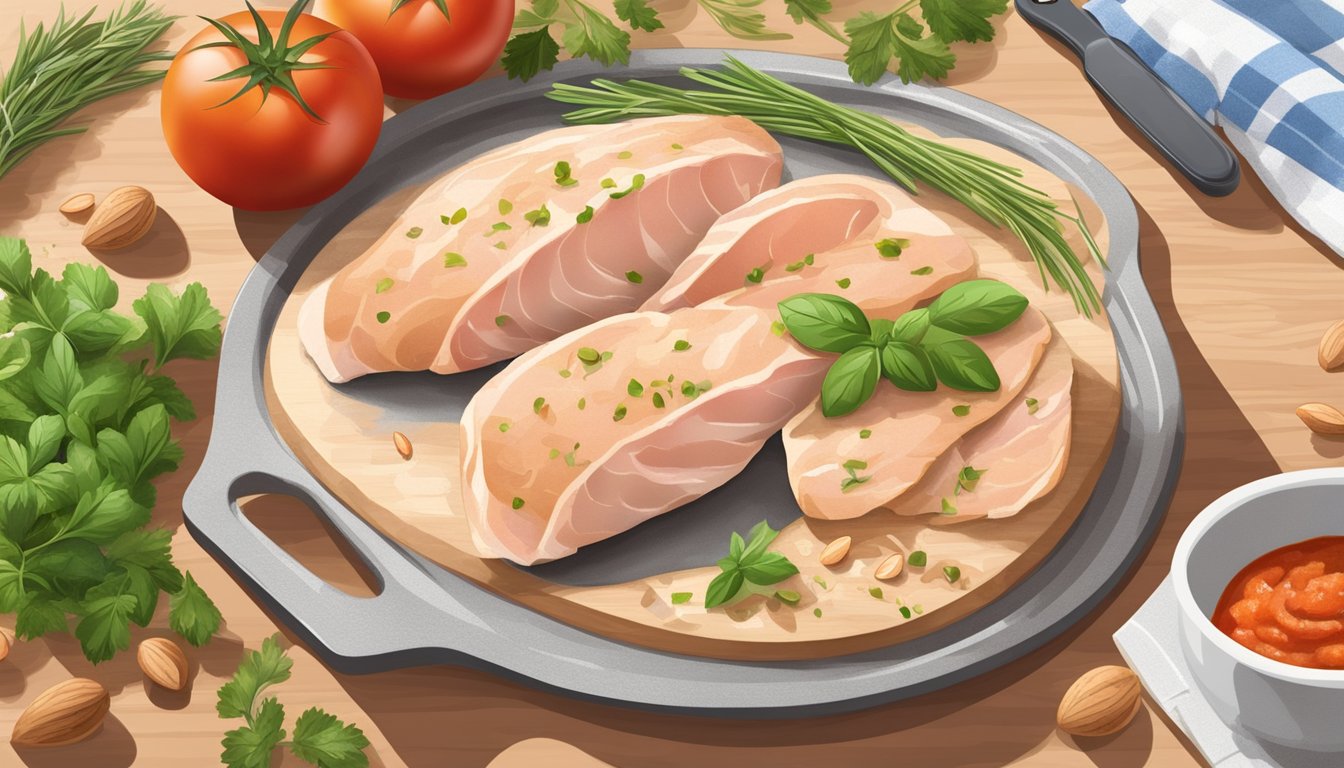 A kitchen counter with a cutting board, raw chicken breast, almond flour, tomato sauce, and fresh herbs