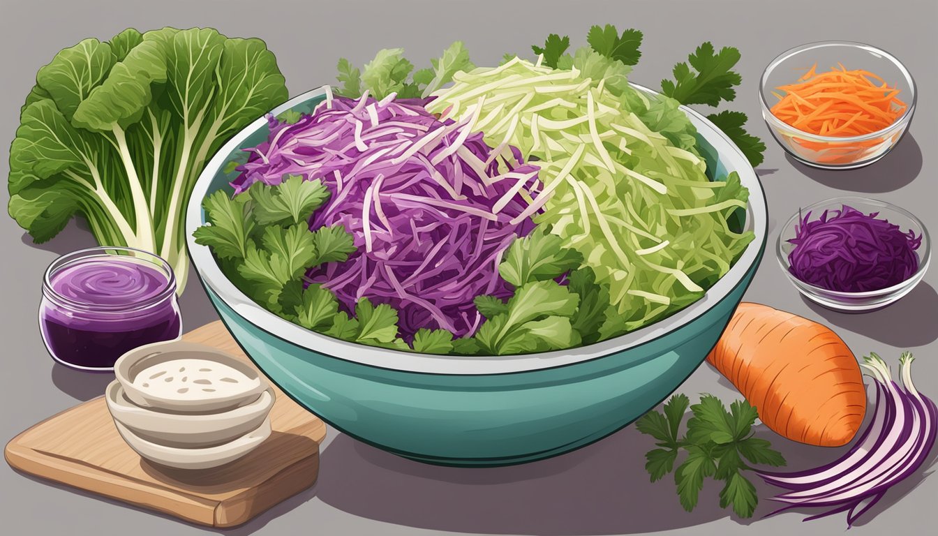 A bowl of shredded cabbage, carrots, and red cabbage mixed with a vinegar-based dressing, surrounded by a variety of fresh vegetables and herbs