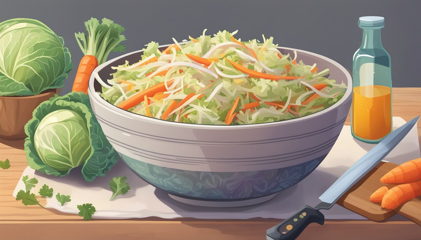 A colorful bowl of diabetic coleslaw sits next to a bottle of vinegar, surrounded by fresh cabbage, carrots, and a cutting board with a knife