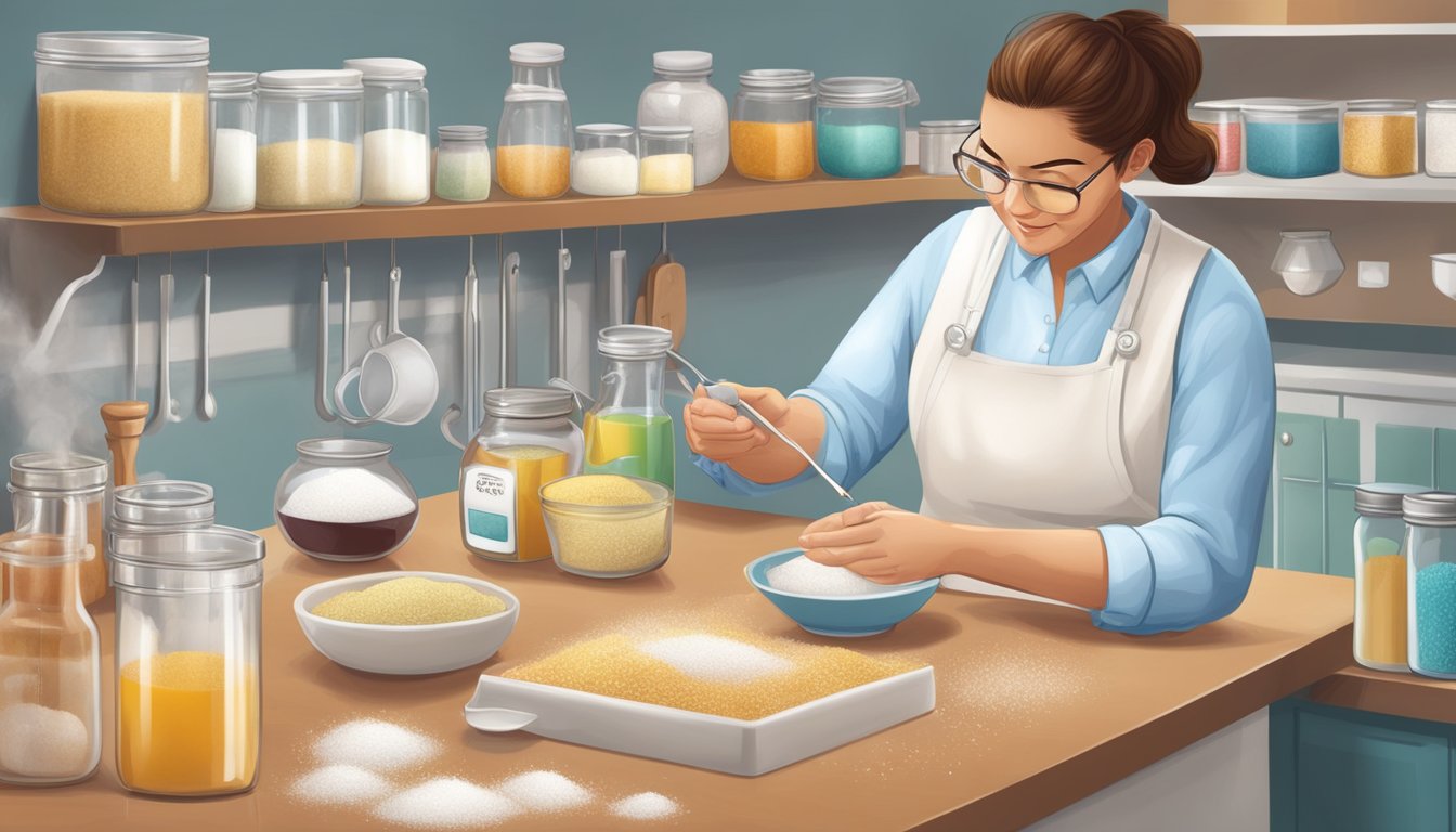 A person using sugar substitutes and measuring ingredients for a diabetic-friendly recipe modification