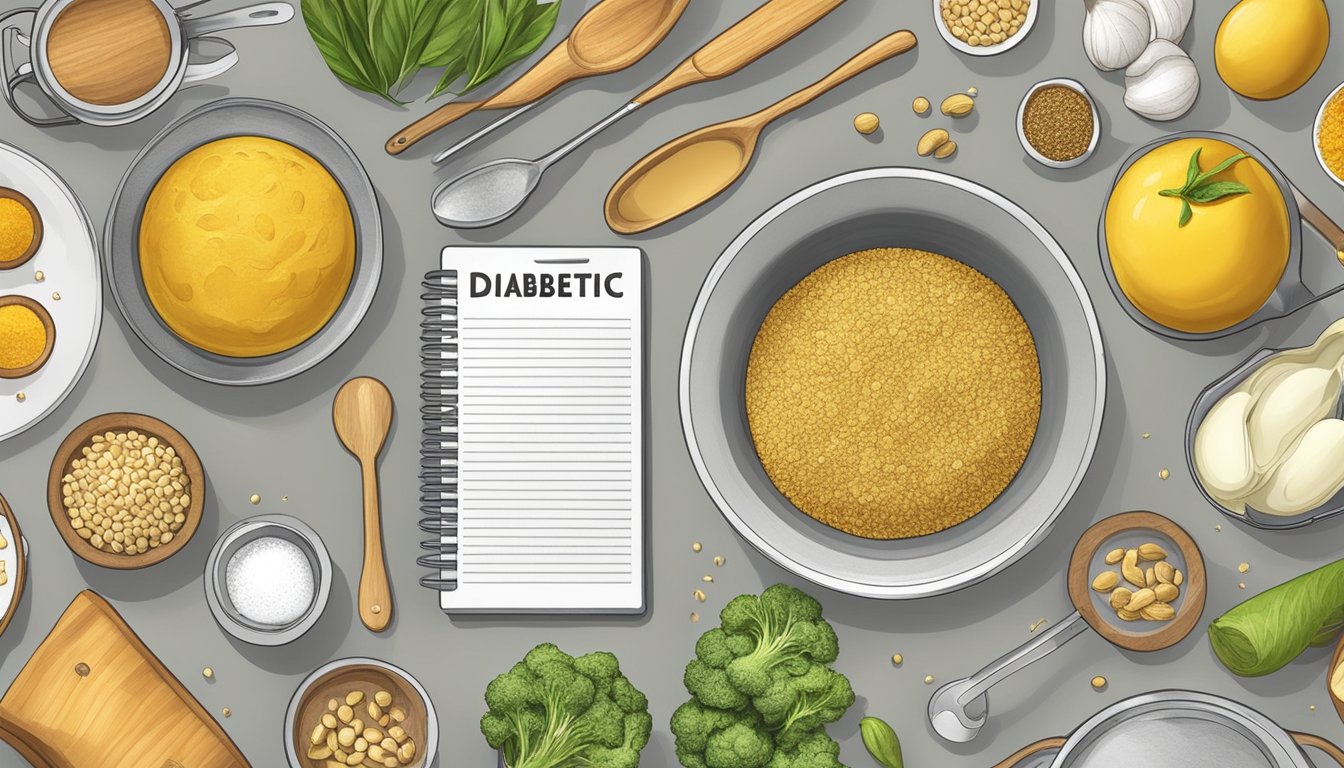 A kitchen counter with various ingredients and utensils laid out for a diabetic golden recipe