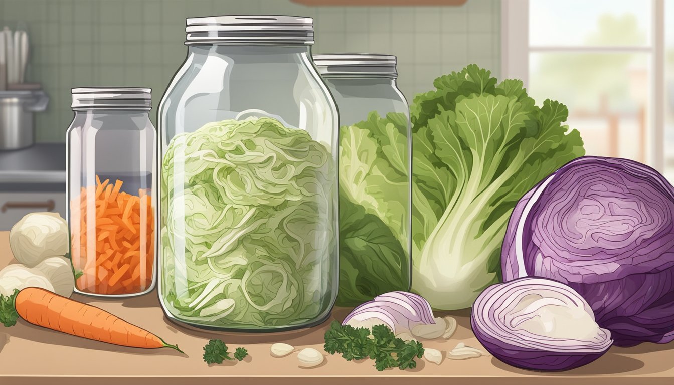 A glass jar of diabetic coleslaw sits on a kitchen counter, surrounded by fresh cabbage, carrots, and a bottle of vinegar