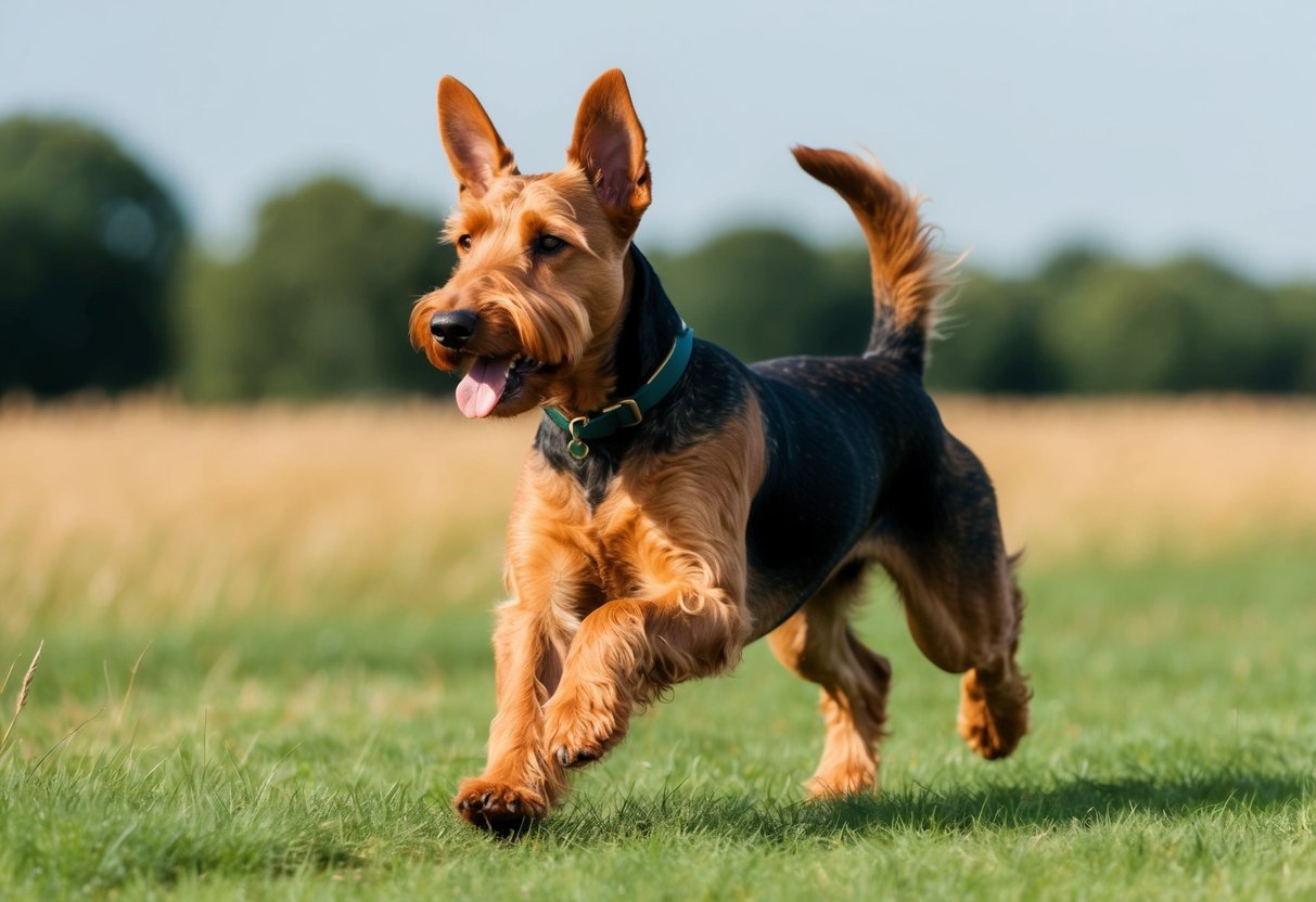 An Airedale Terrier dog running through a grassy field, with its ears flapping and tongue hanging out