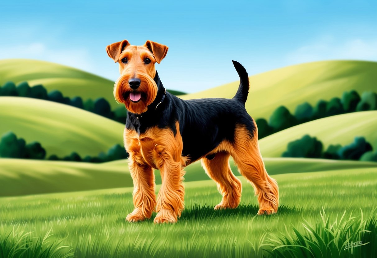 An Airedale Terrier stands proudly in a lush, green countryside, with rolling hills and a clear blue sky in the background