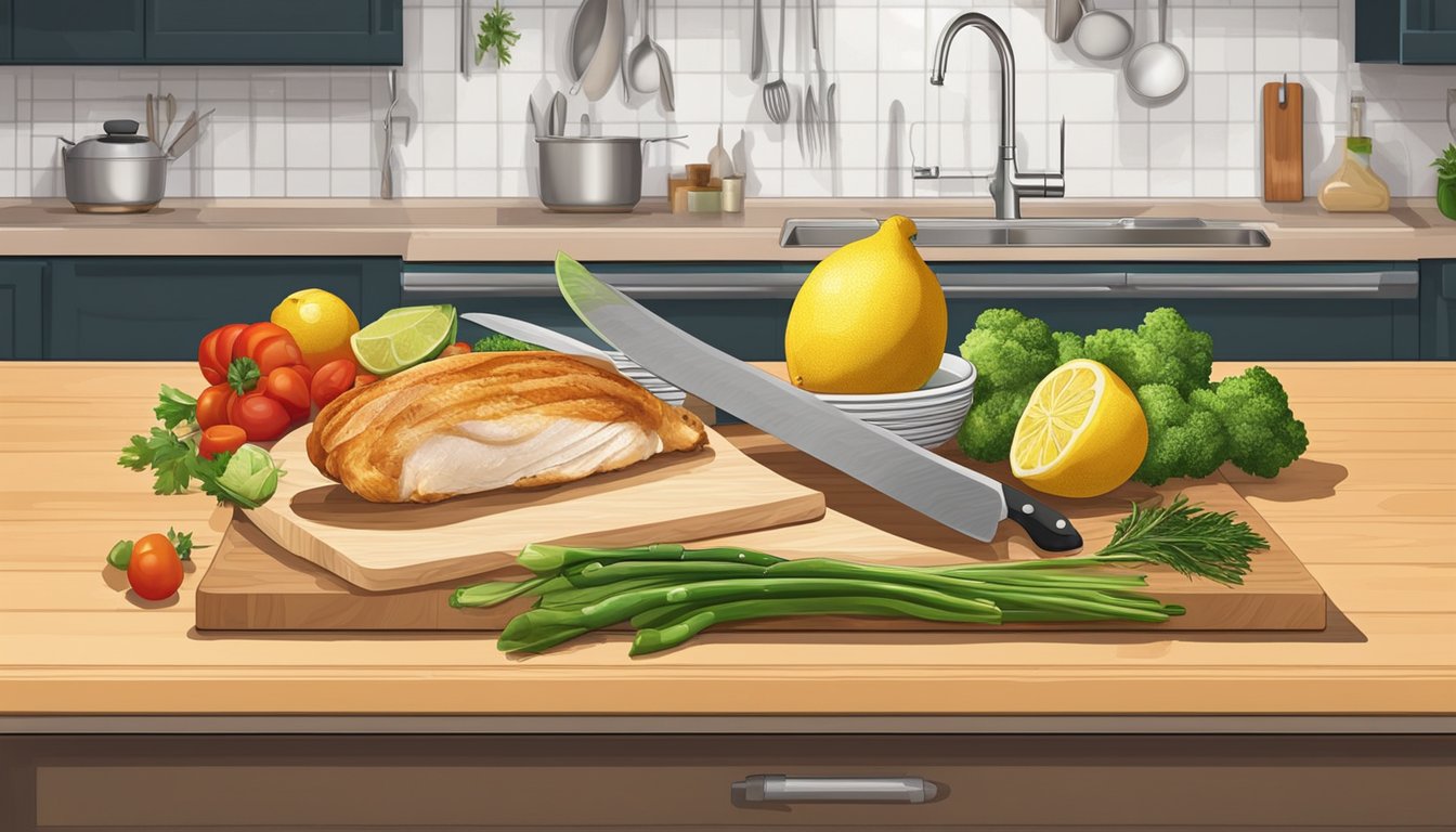 A kitchen counter with a cutting board, knife, lemon, chicken breast, and various vegetables