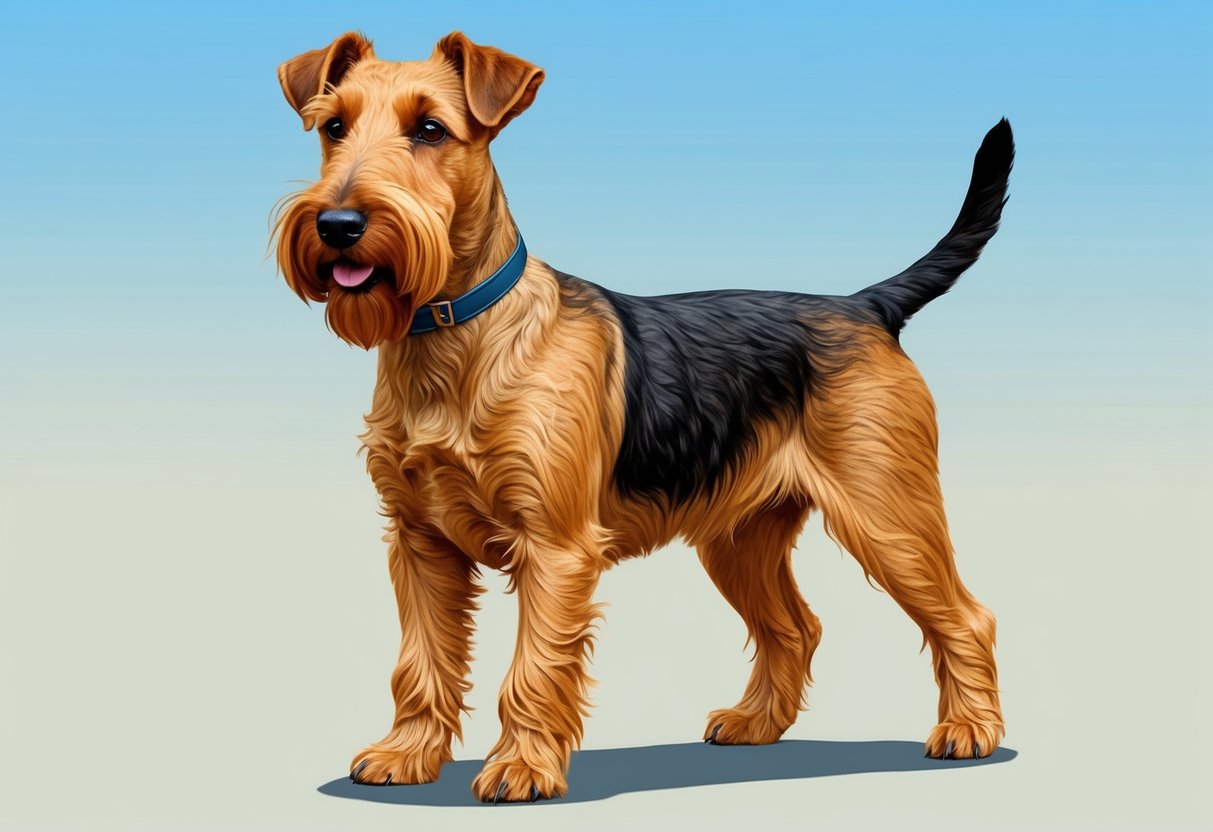 An Airedale Terrier standing confidently with a wiry, tan coat, alert expression, and distinctive beard and mustache