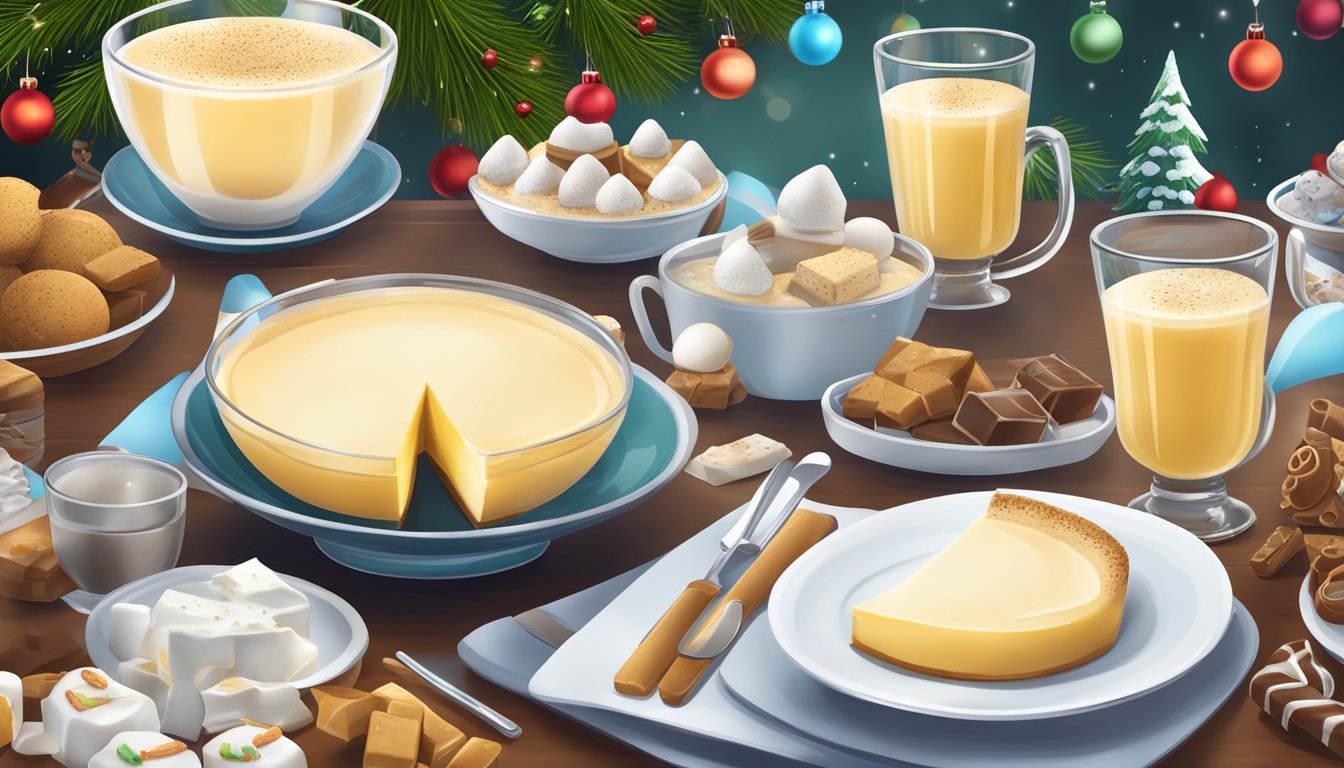 A festive holiday table set with a glass of diabetic eggnog, surrounded by sugar-free treats and a blood glucose monitor