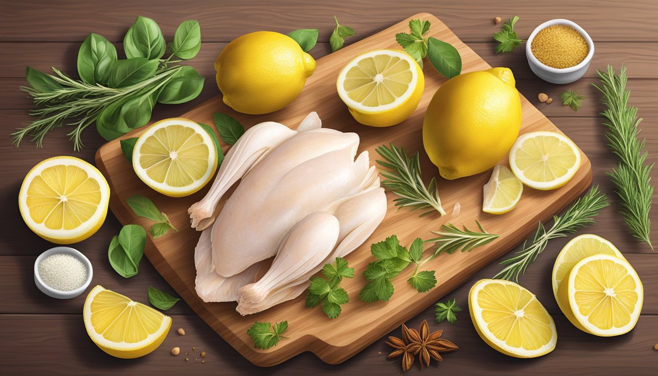 A cutting board with sliced lemons, raw chicken, and various herbs and spices