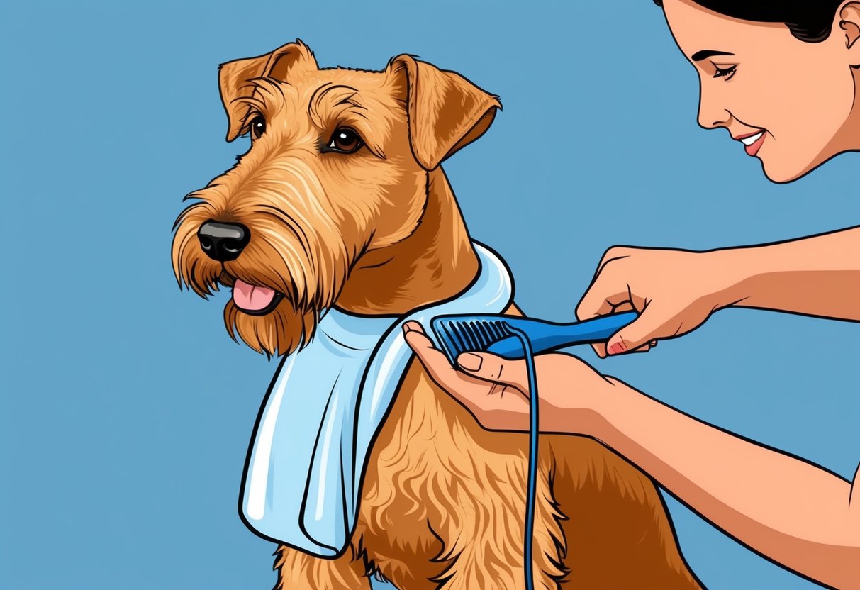 An Airedale Terrier being groomed and bathed by a caretaker