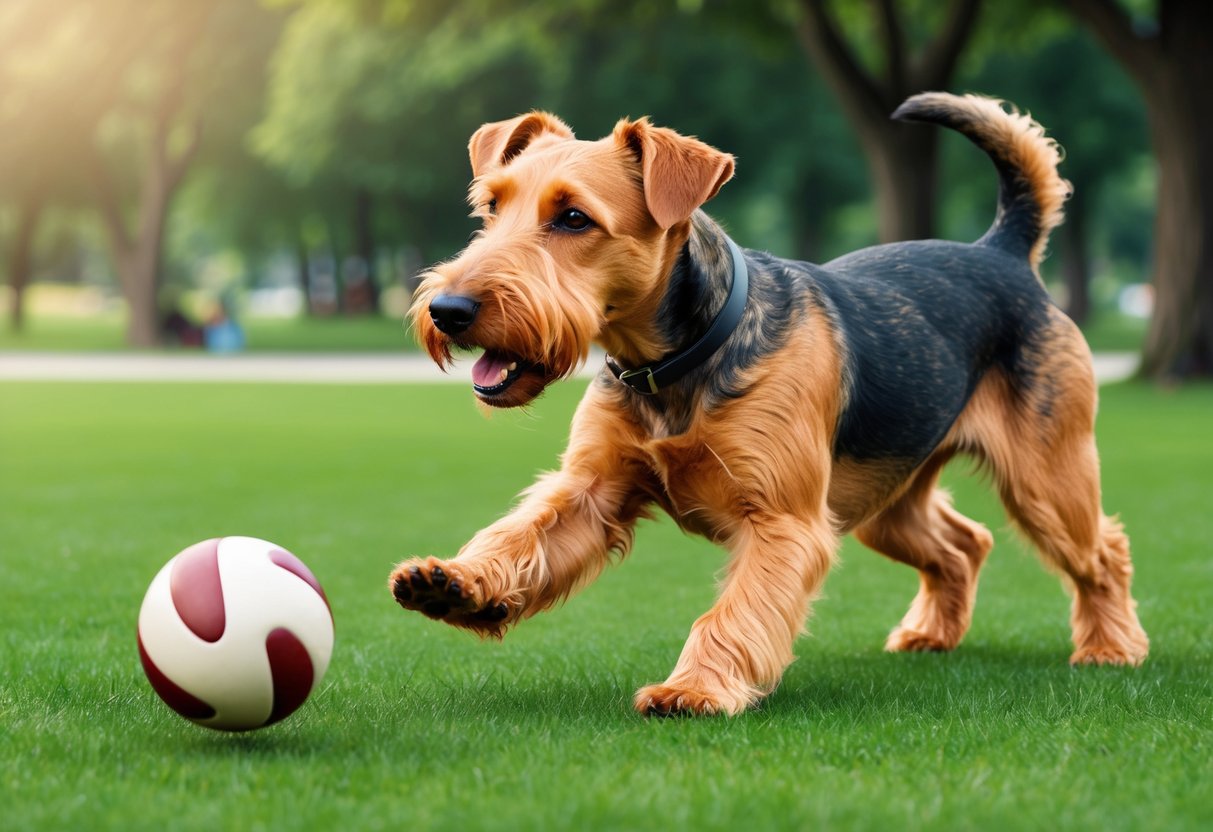 An Airedale Terrier dog playing fetch in a grassy park