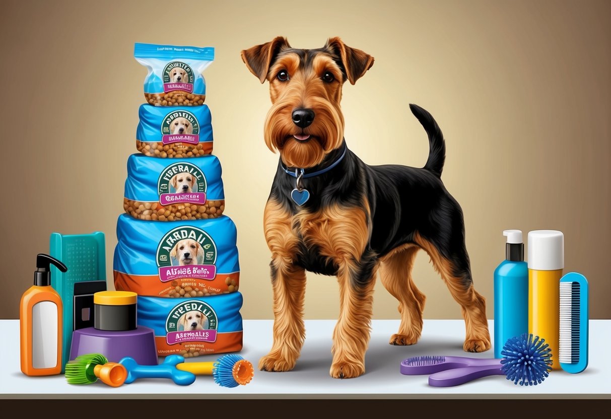 An Airedale Terrier stands proudly next to a stack of dog food bags, surrounded by various grooming supplies and toys