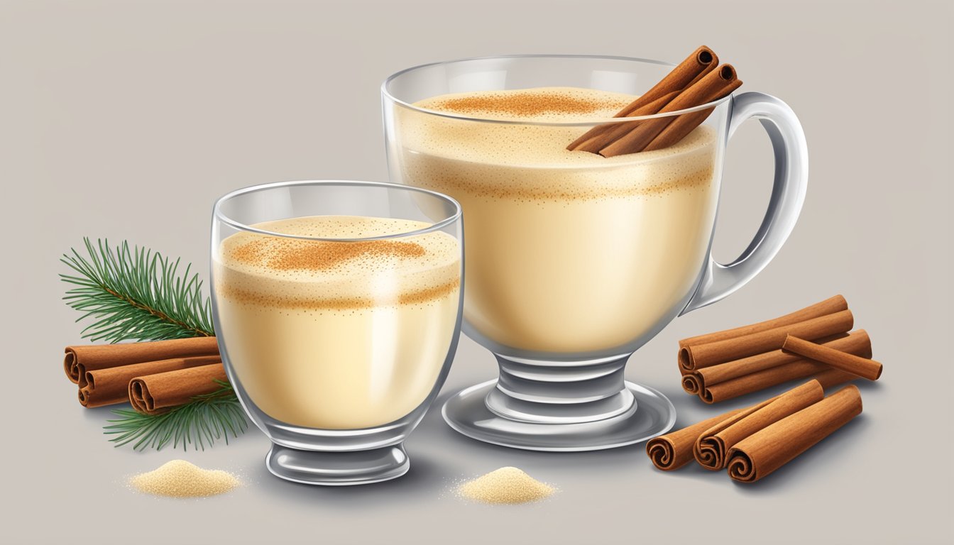 A festive glass of eggnog with a sugar-free sweetener, nutmeg, and cinnamon garnish