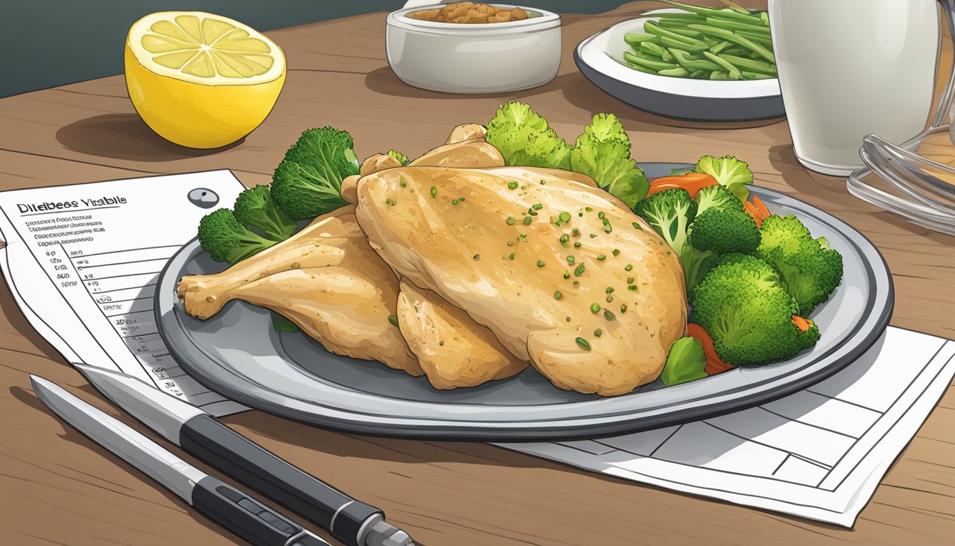 A plate of lemon chicken with a side of steamed vegetables, a nutritional breakdown chart, and a diabetes monitoring device on the table